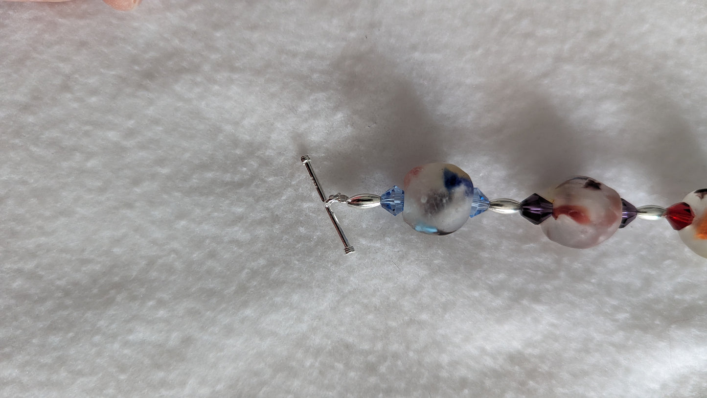 African Rainbow Recycled Glass, Sterling Silver, and Austrian Crystal Bracelet