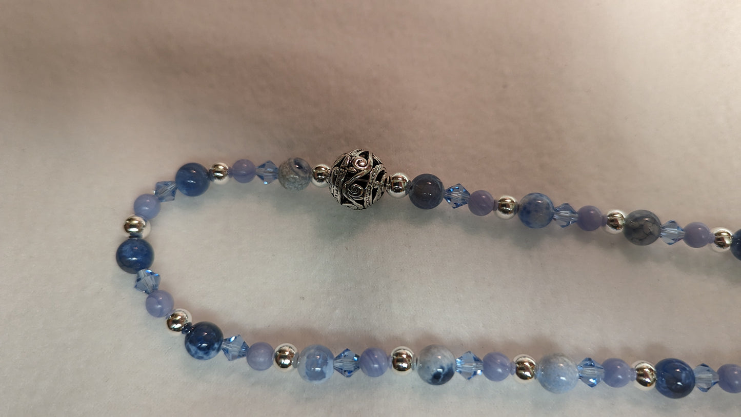 Blue Fire Dragon Vein Agate, Blue Lace Agate and Sterling Silver Necklace