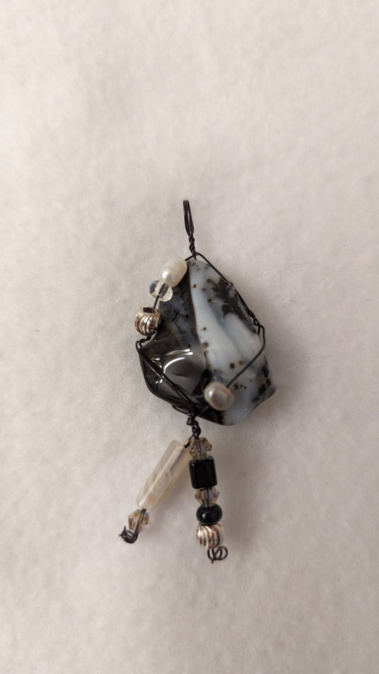 Wire Wrapped Black and White Agate Cabochon Pendant