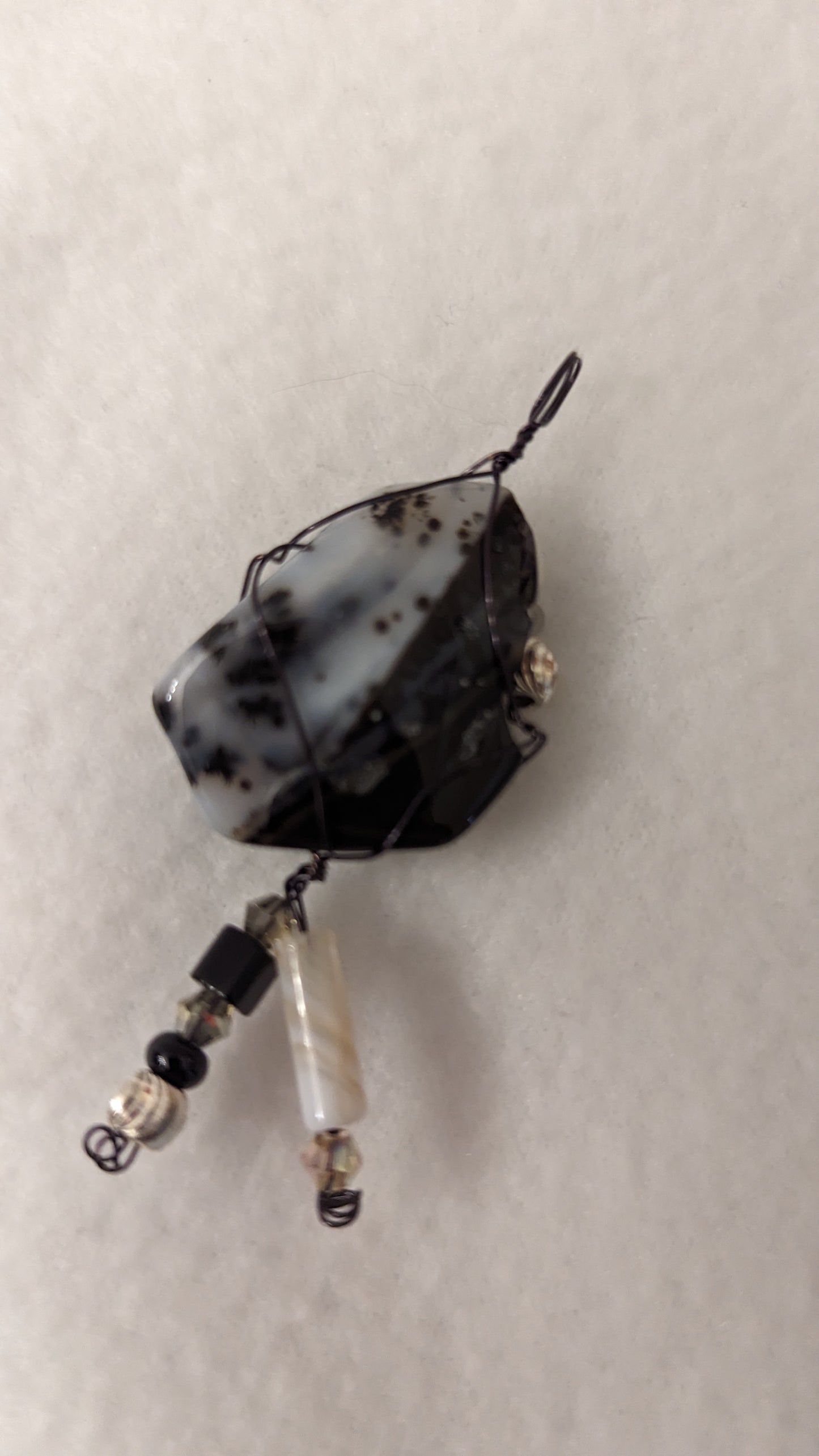 Wire Wrapped Black and White Agate Cabochon Pendant