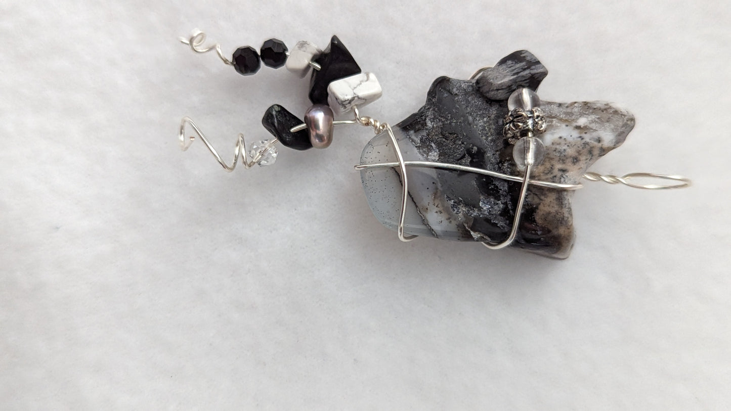 Wire Wrapped Black and White Agate Pendant