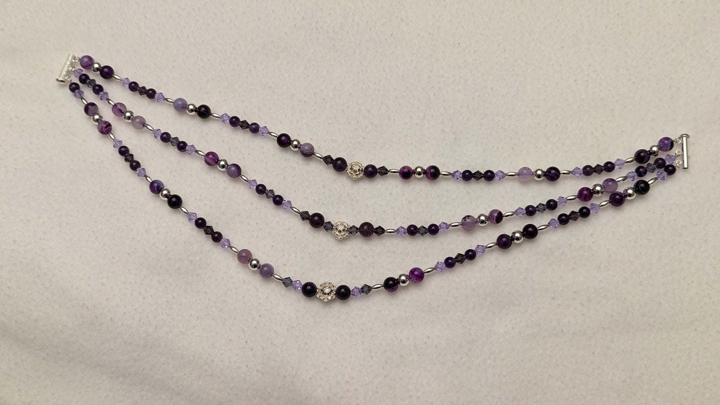 Amethyst, Purple Lace Agate & Sterling Silver Multi-tiered Necklace