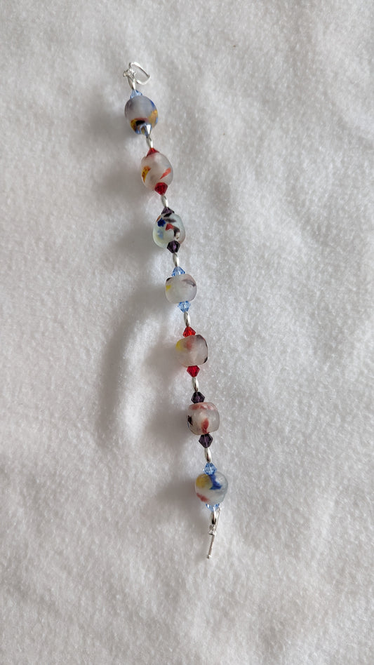 African Rainbow Recycled Glass, Sterling Silver, and Austrian Crystal Bracelet